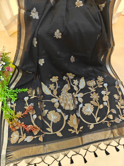 Pure Linen Saree with Antique Gold Floral & Peacock Zari Border - BLACK