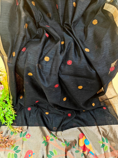 Pure Linen Saree With Zari Bird & Floral Pallu - BLACK