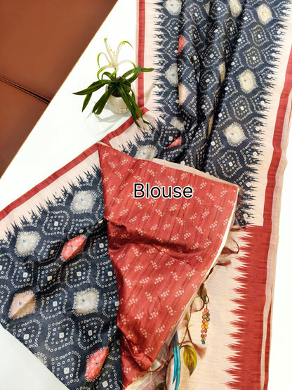 Kalamkari Printed Silk Blend Saree with Bandhani Pallu- BLACK