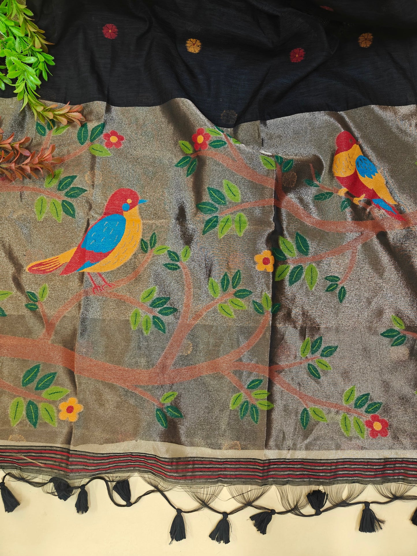 Pure Linen Saree With Zari Bird & Floral Pallu - BLACK