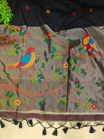 Pure Linen Saree With Zari Bird & Floral Pallu - BLACK