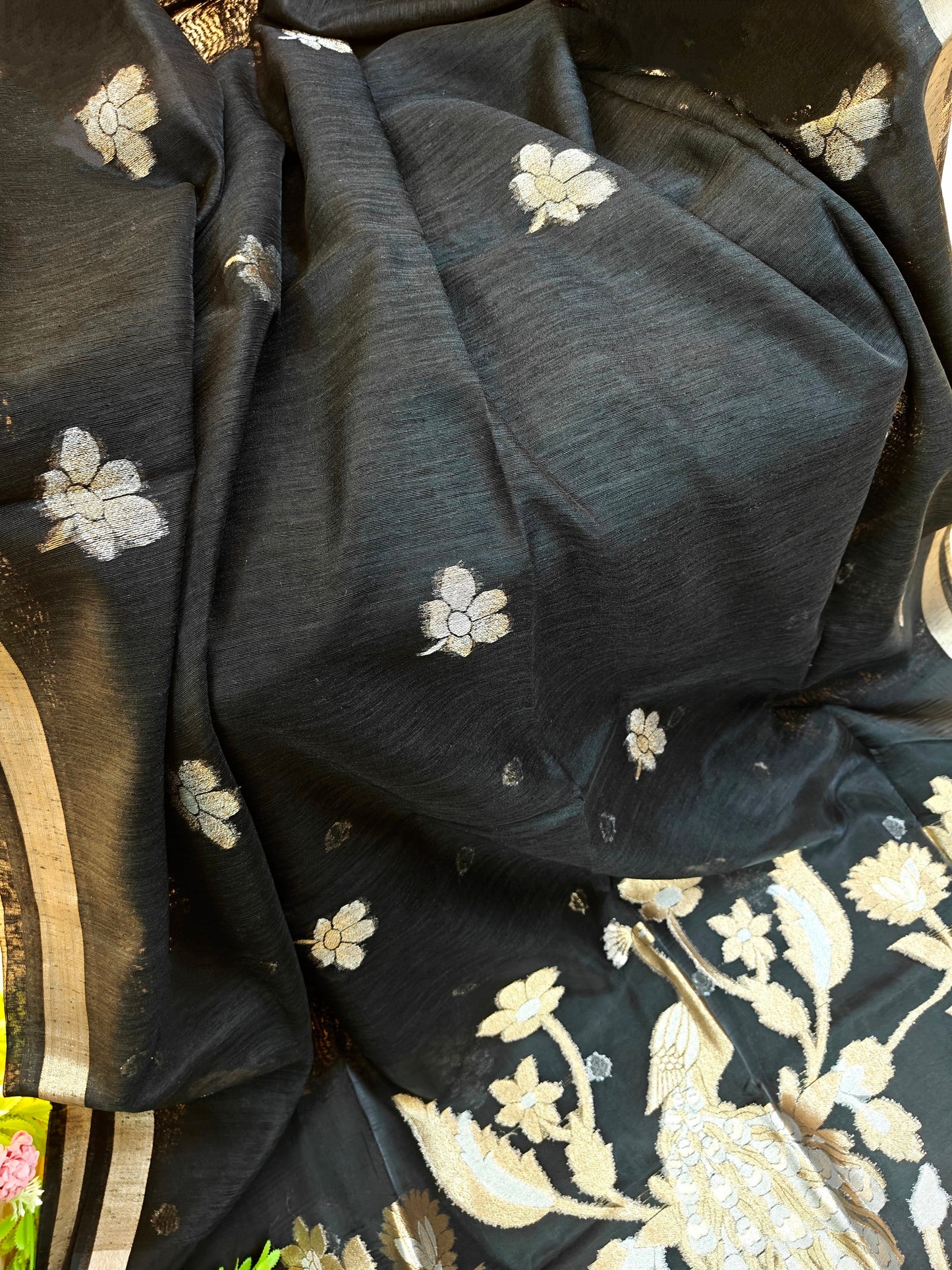 Pure Linen Saree with Antique Gold Floral & Peacock Zari Border - BLACK