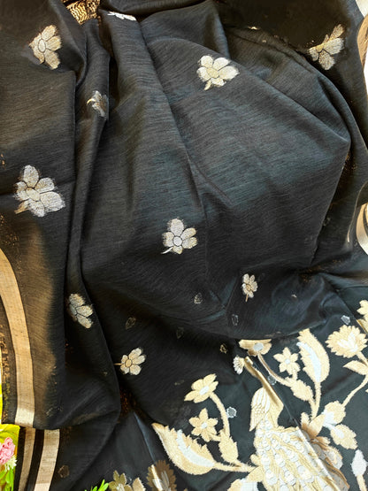 Pure Linen Saree with Antique Gold Floral & Peacock Zari Border - BLACK