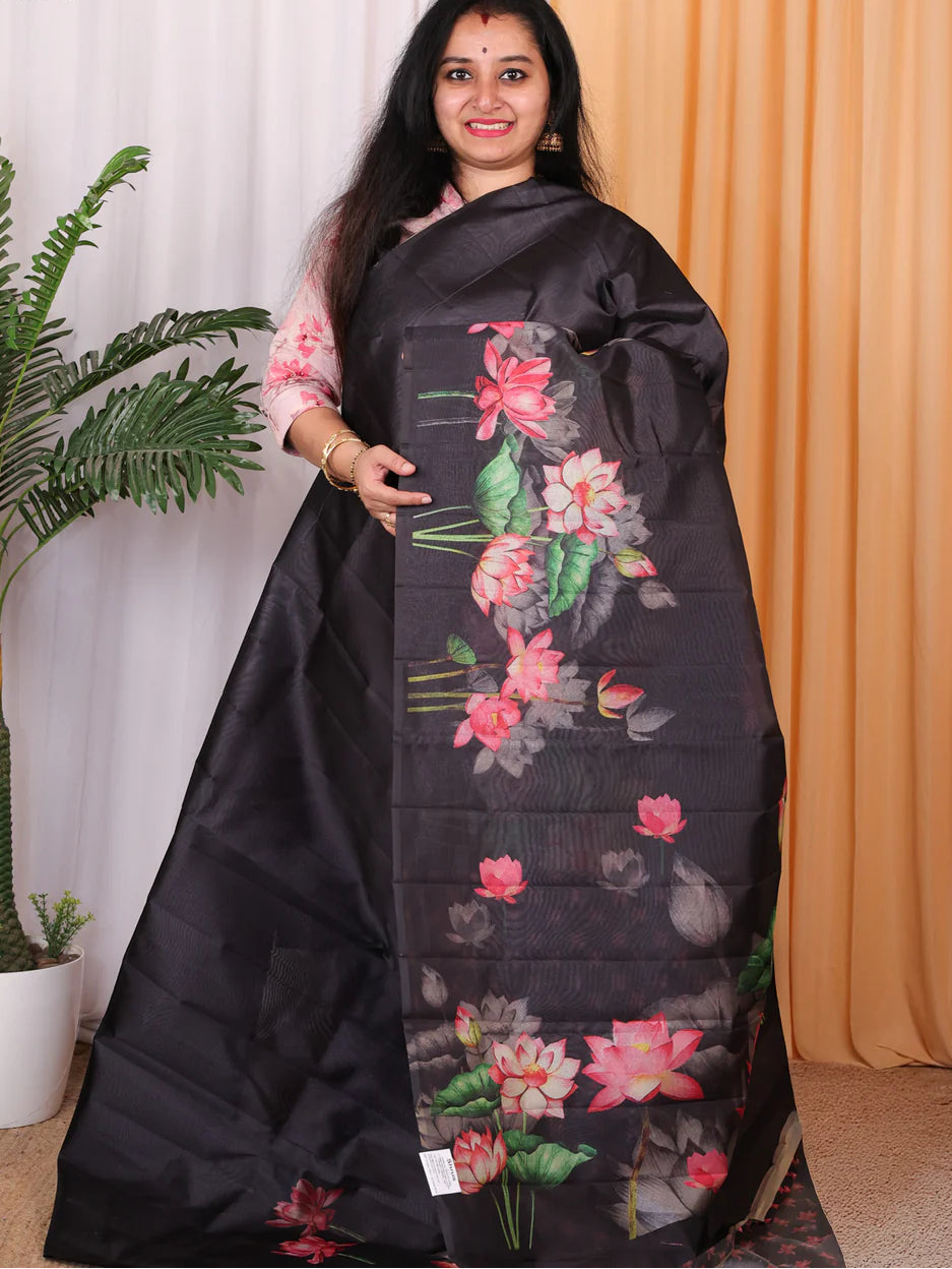 Premium Lotus Print Tussar Silk Saree - BLACK