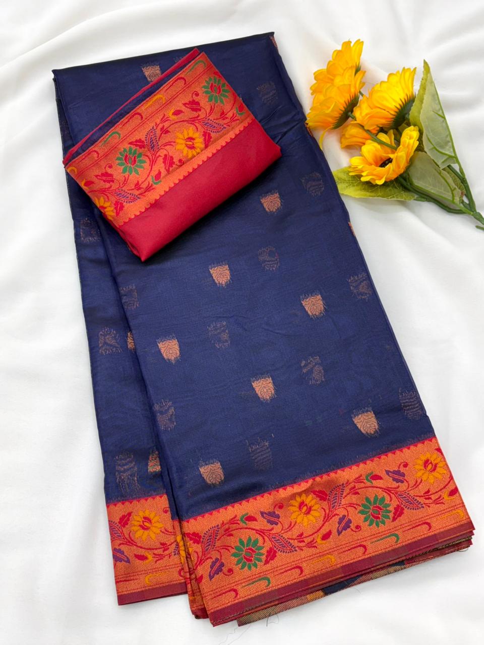Royal Banarasi Saree with Contrast Blouse & Floral Motifs- BLUE