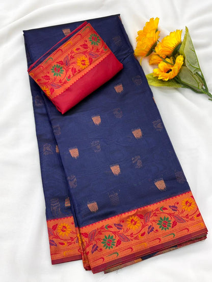 Royal Banarasi Saree with Contrast Blouse & Floral Motifs- BLUE
