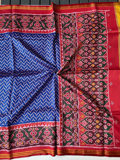 Soft Pure Patola Silk Double Ikat Printed Saree with Zari Stripe Border-BLUE