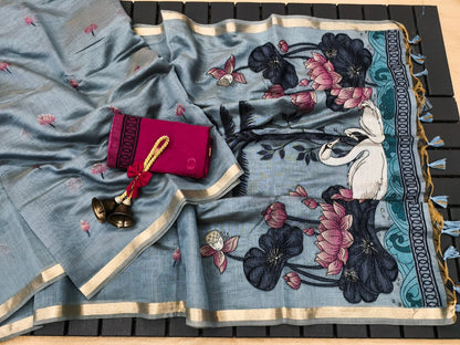 Swan Grace Floral Art Saree- BLUE