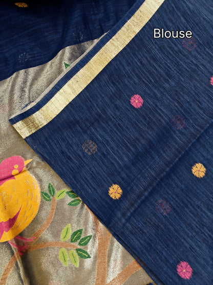 Pure Linen Saree With Zari Bird & Floral Pallu - BLUE