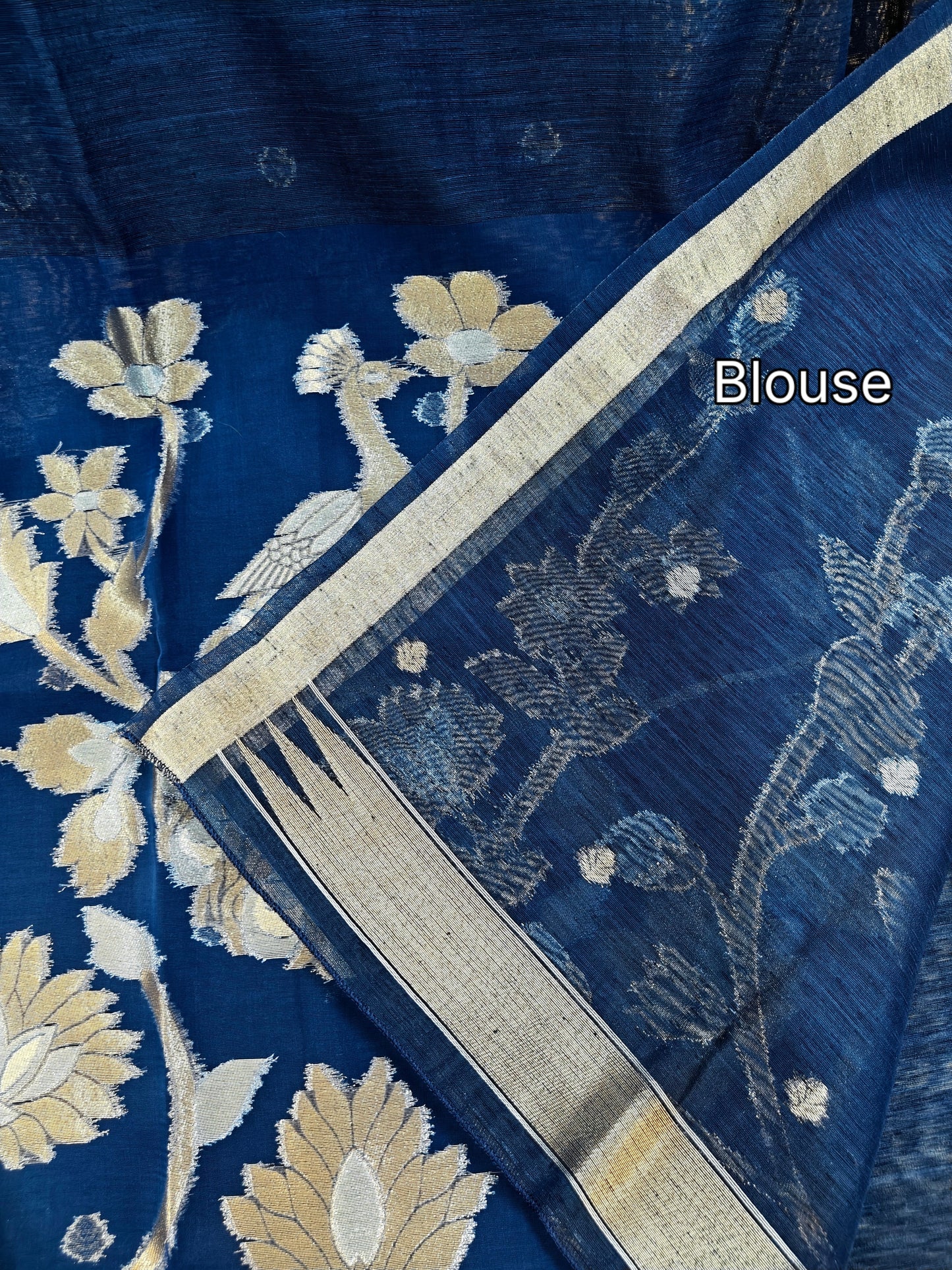 Pure Linen Saree with Antique Gold Floral & Peacock Zari Border - BLUE