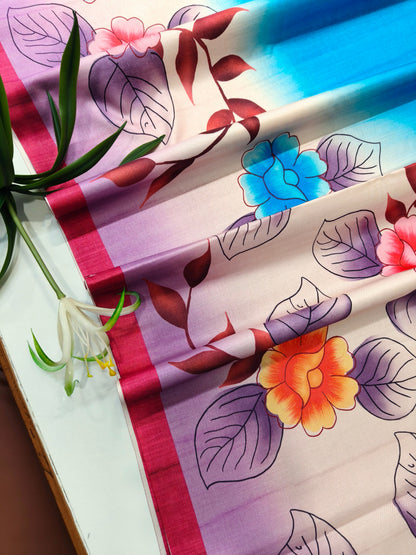 Modern Ethnic Saree with Floral Design -  Blue