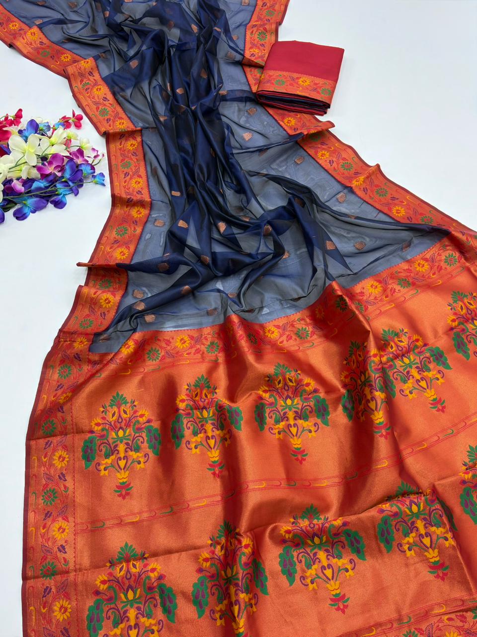 Royal Banarasi Saree with Contrast Blouse & Floral Motifs- BLUE