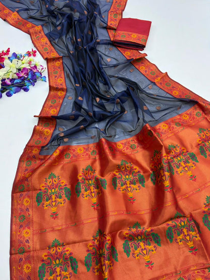 Royal Banarasi Saree with Contrast Blouse & Floral Motifs- BLUE