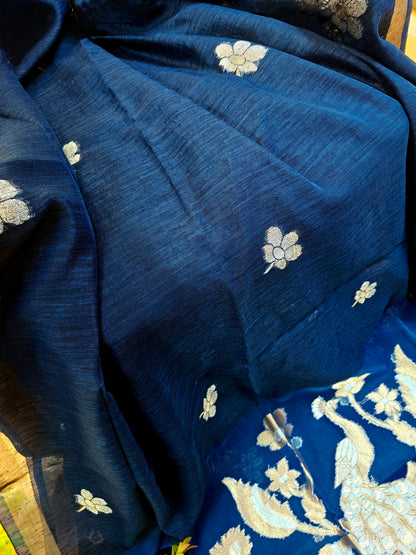 Pure Linen Saree with Antique Gold Floral & Peacock Zari Border - BLUE