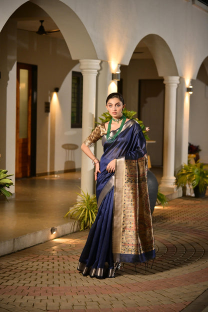 Soft Raw Silk Madhubani Printed Pallu - BLUE