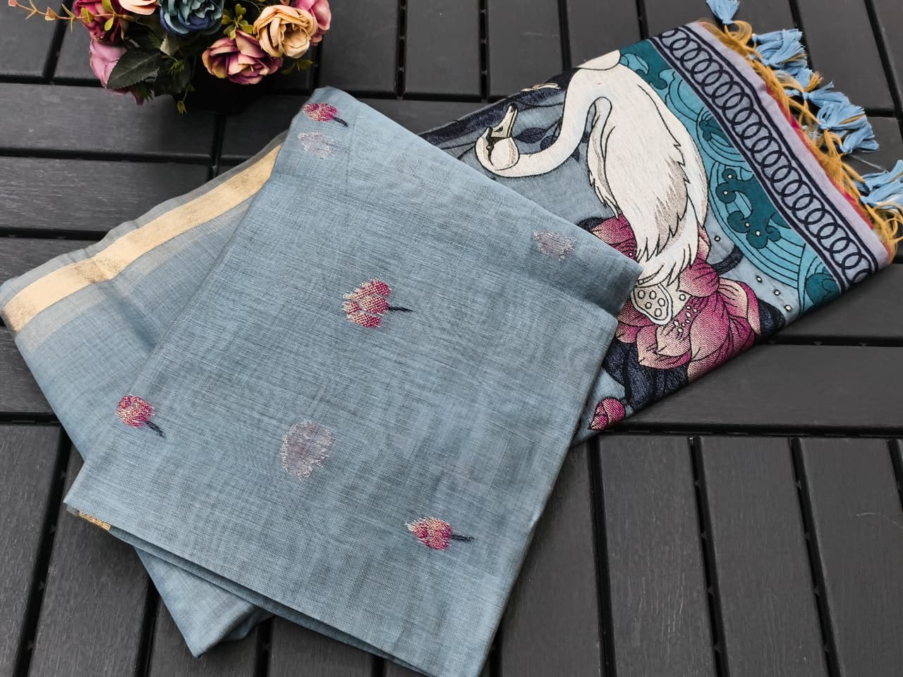 Swan Grace Floral Art Saree- BLUE