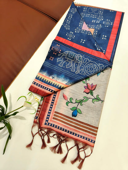 Kalamkari Printed Silk Blend Saree with Bandhani Pallu- BLUE