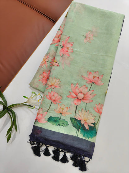 Elegant Organza Silk Saree with Floral Pallu and Stylish Tassels-BLUE