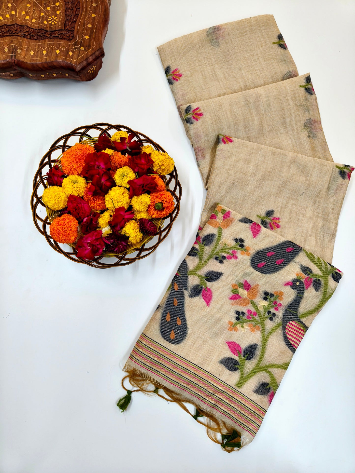 Signature Muga Cotton Saree with Peacock Inspired Pallu - BLUE