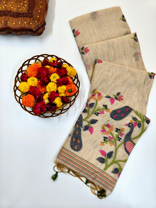 Signature Muga Cotton Saree with Peacock Inspired Pallu - BLUE