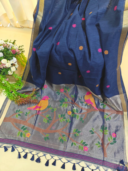 Pure Linen Saree With Zari Bird & Floral Pallu - BLUE