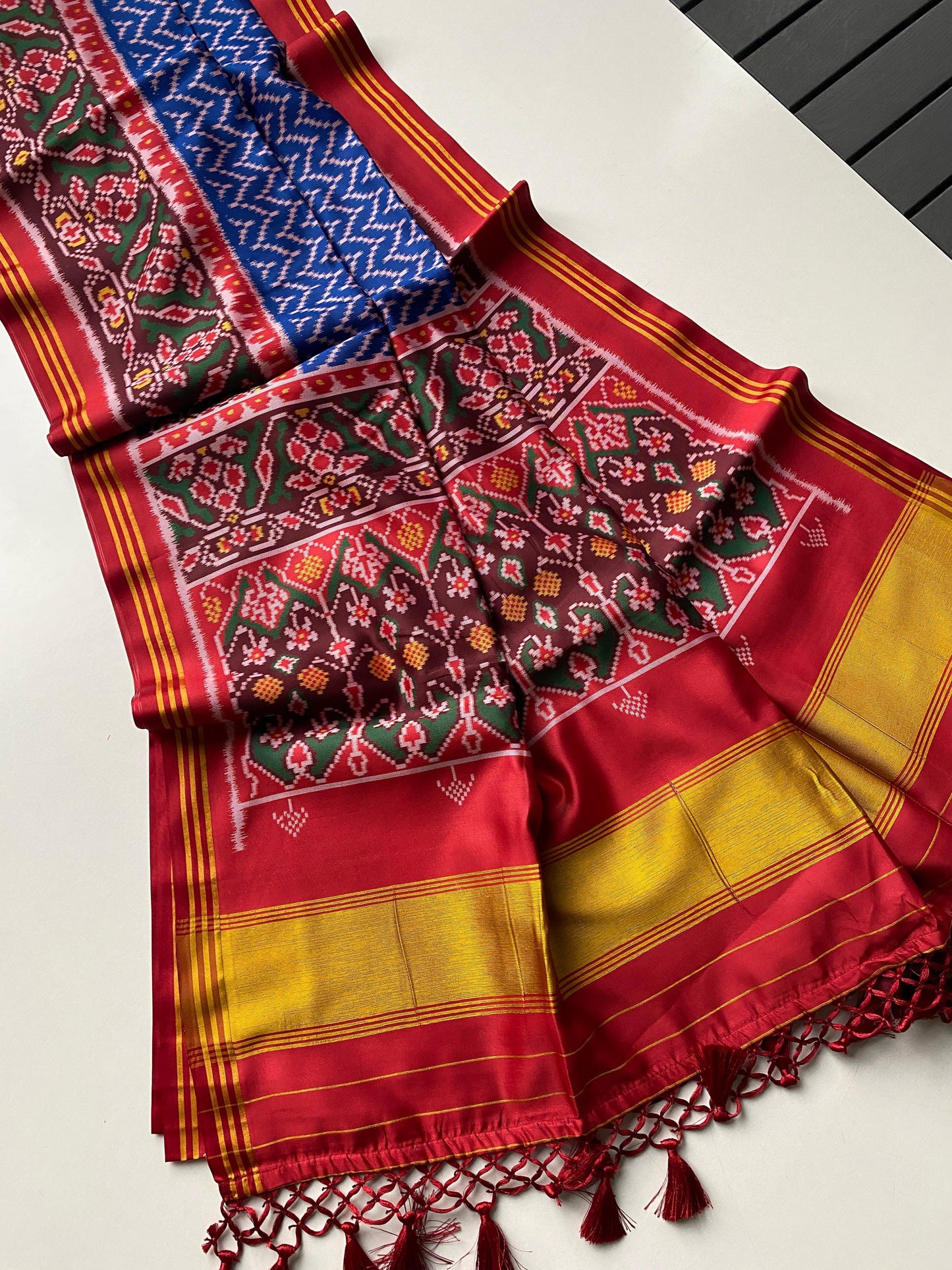 Soft Pure Patola Silk Double Ikat Printed Saree with Zari Stripe Border-BLUE