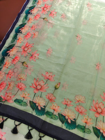 Elegant Organza Silk Saree with Floral Pallu and Stylish Tassels-BLUE