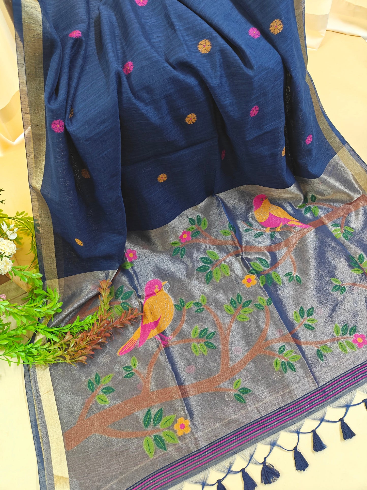Pure Linen Saree With Zari Bird & Floral Pallu - BLUE