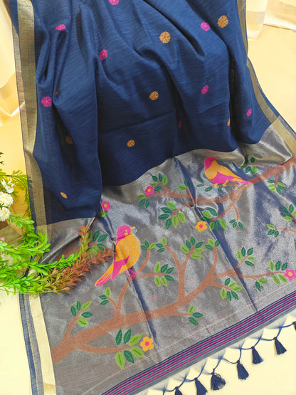 Pure Linen Saree With Zari Bird & Floral Pallu - BLUE