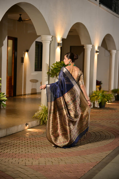 Soft Raw Silk Madhubani Printed Pallu - BLUE