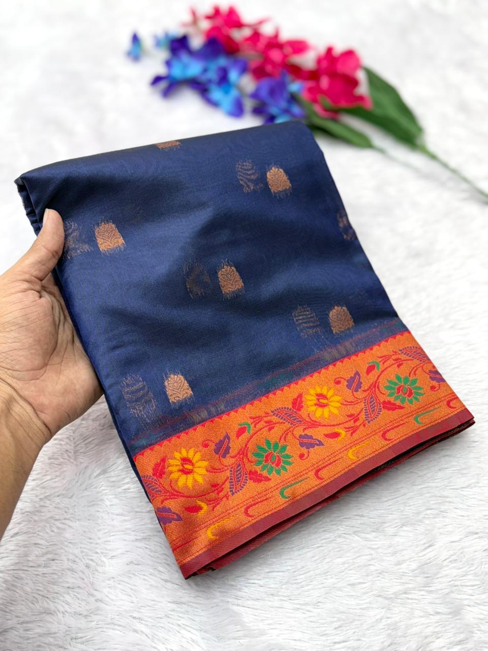 Royal Banarasi Saree with Contrast Blouse & Floral Motifs- BLUE