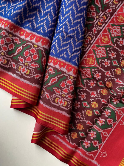 Soft Pure Patola Silk Double Ikat Printed Saree with Zari Stripe Border-BLUE