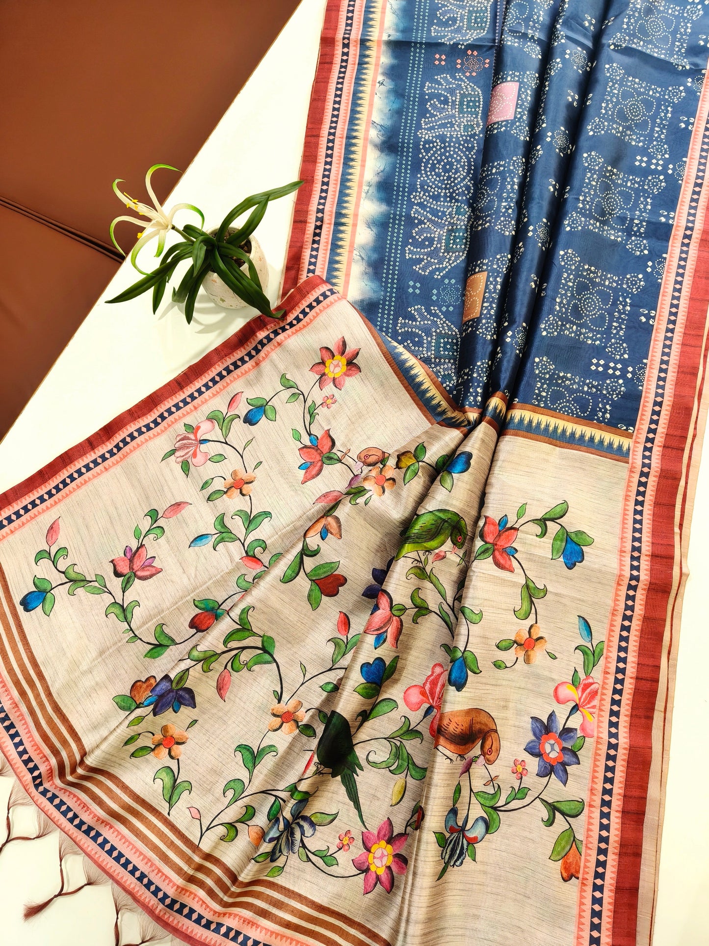 Kalamkari Printed Silk Blend Saree with Bandhani Pallu- BLUE