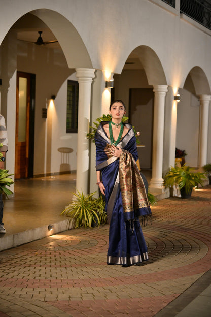 Soft Raw Silk Madhubani Printed Pallu - BLUE