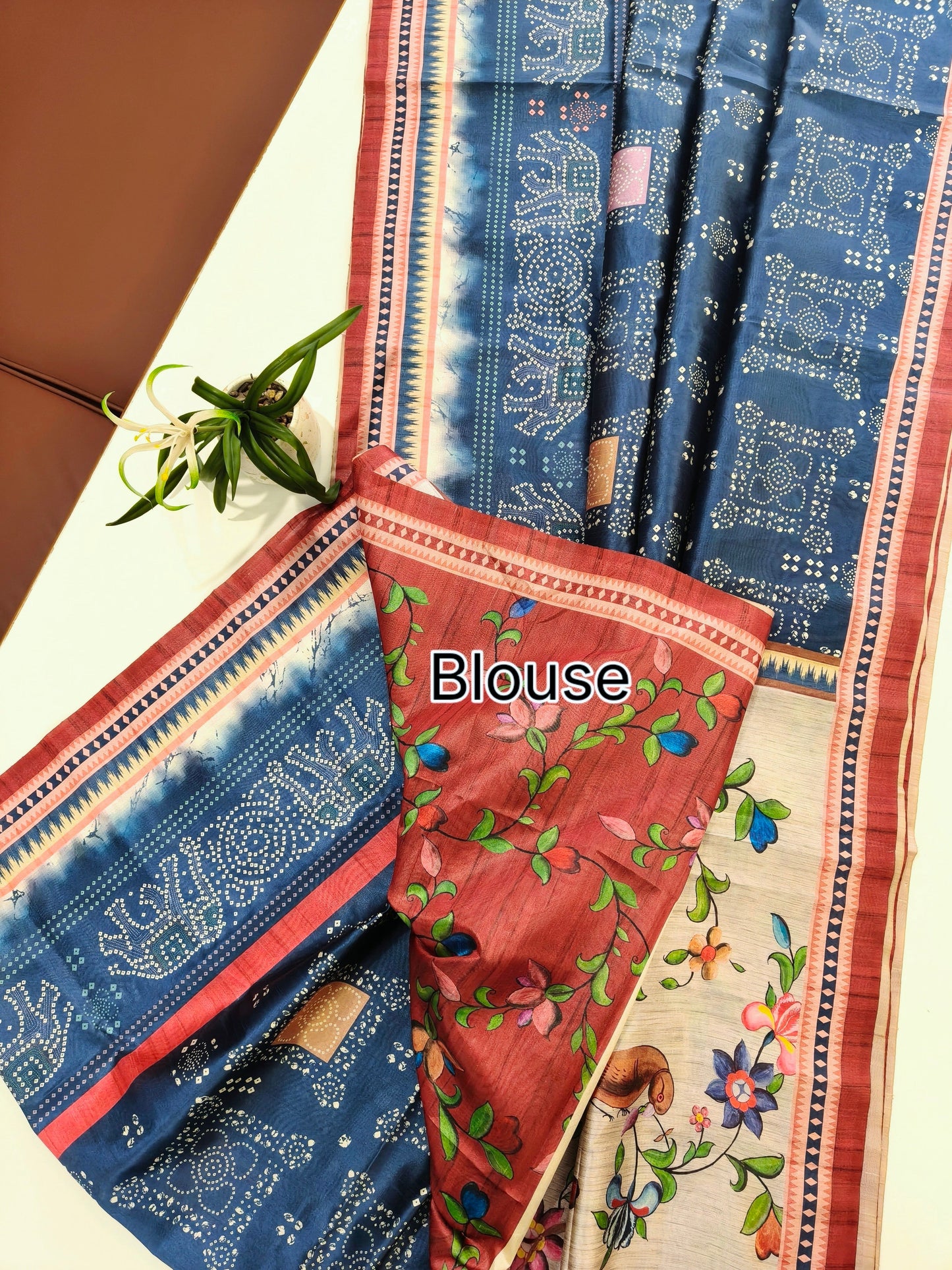 Kalamkari Printed Silk Blend Saree with Bandhani Pallu- BLUE