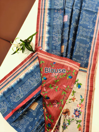 Kalamkari Printed Silk Blend Saree with Bandhani Pallu- BLUE