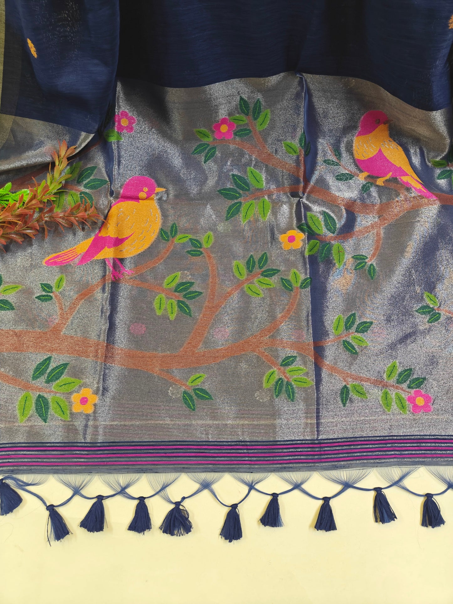Pure Linen Saree With Zari Bird & Floral Pallu - BLUE