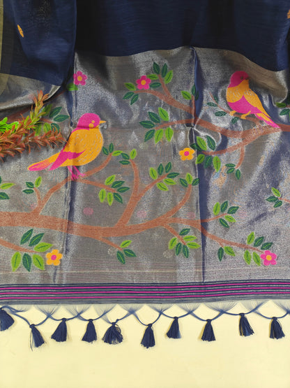 Pure Linen Saree With Zari Bird & Floral Pallu - BLUE