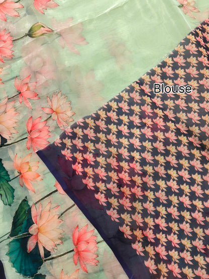 Elegant Organza Silk Saree with Floral Pallu and Stylish Tassels-BLUE