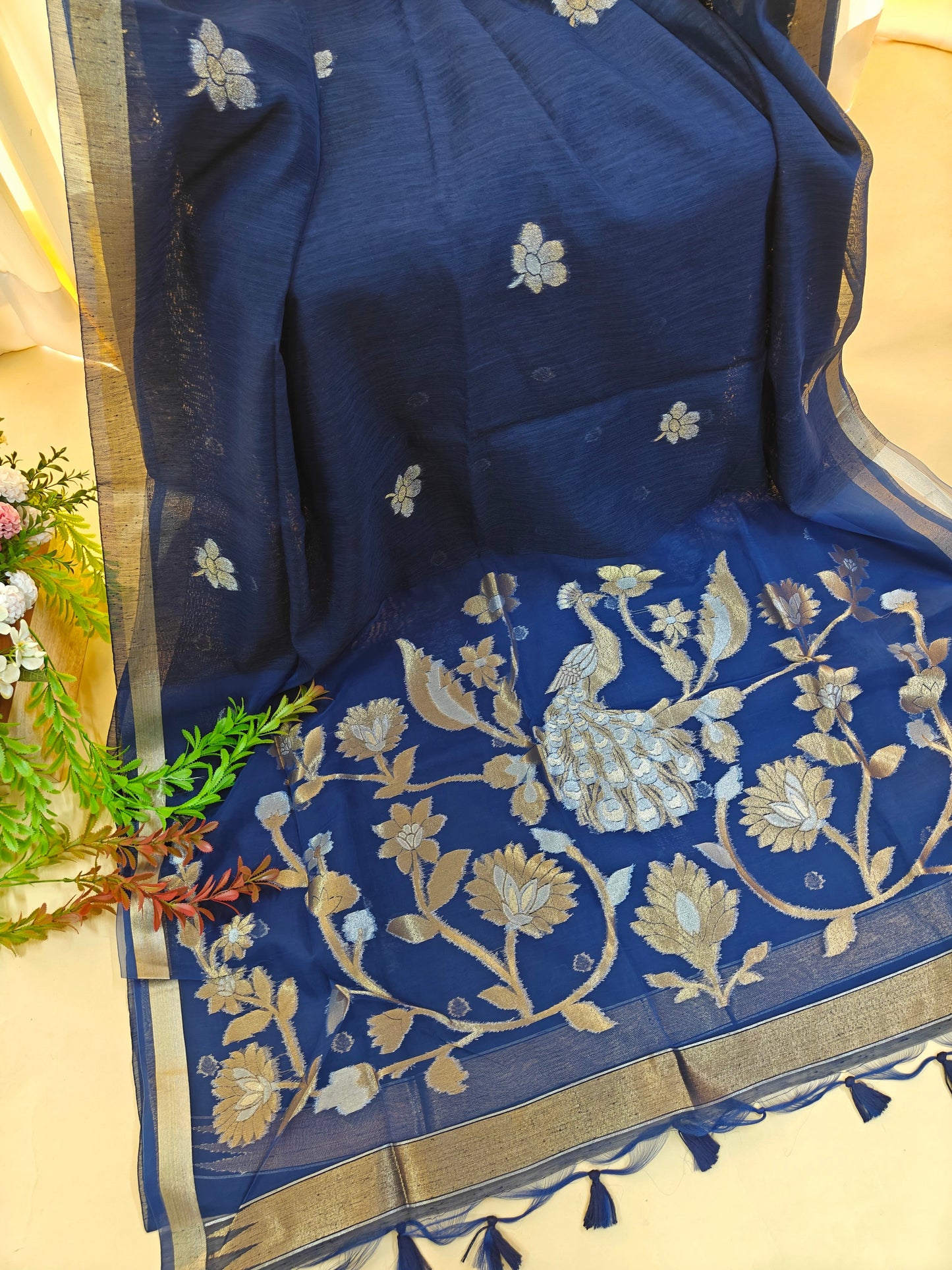 Pure Linen Saree with Antique Gold Floral & Peacock Zari Border - BLUE