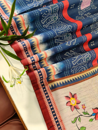 Kalamkari Printed Silk Blend Saree with Bandhani Pallu- BLUE