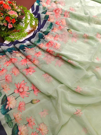 Elegant Organza Silk Saree with Floral Pallu and Stylish Tassels-BLUE