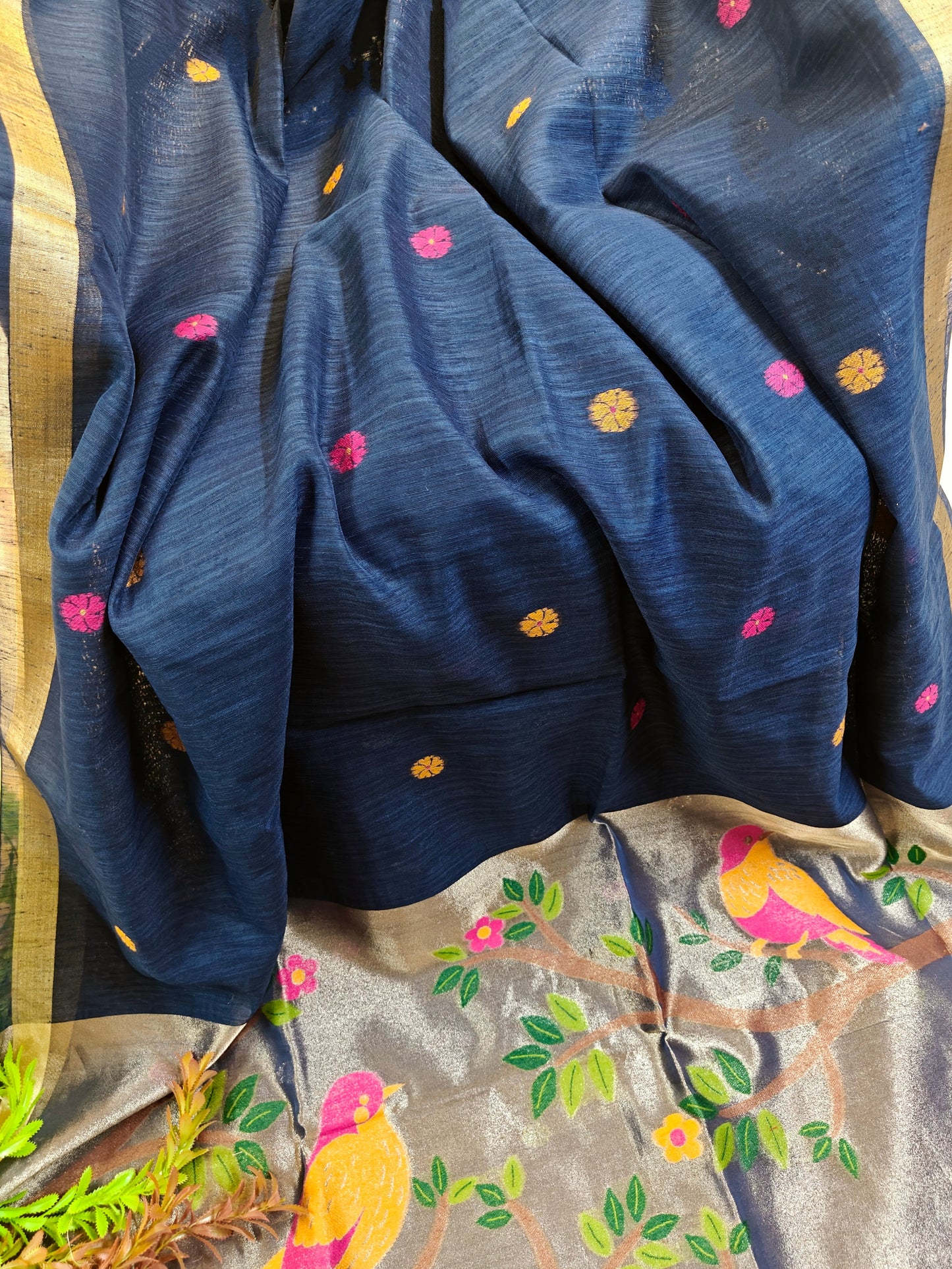 Pure Linen Saree With Zari Bird & Floral Pallu - BLUE