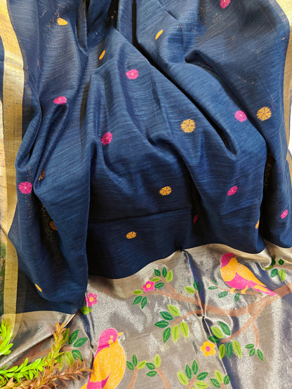 Pure Linen Saree With Zari Bird & Floral Pallu - BLUE