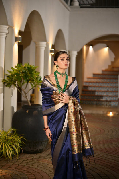 Soft Raw Silk Madhubani Printed Pallu - BLUE