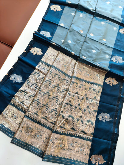 Banarasi Katan Silk Saree With Peacock Weaving  - BLUE
