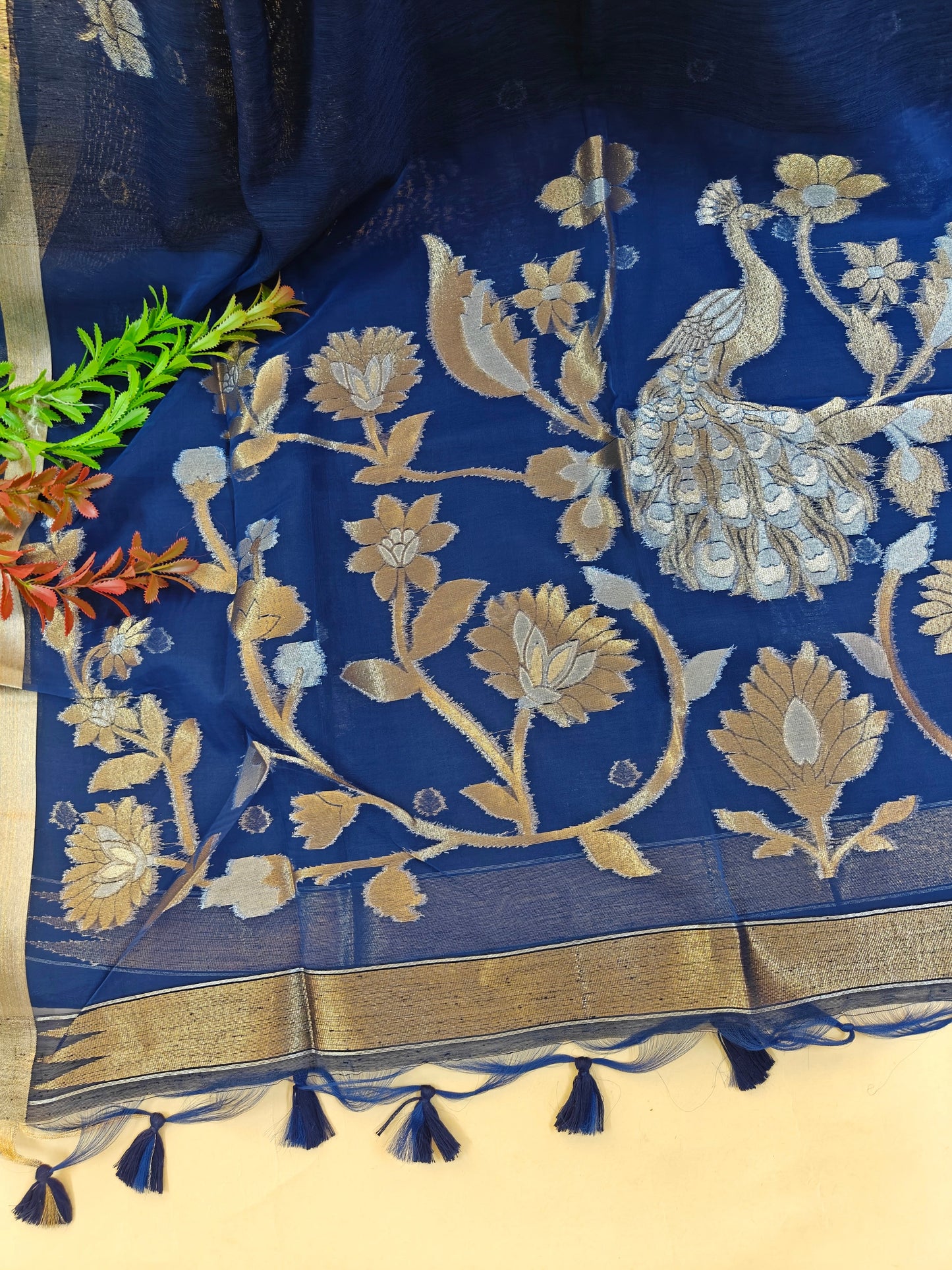 Pure Linen Saree with Antique Gold Floral & Peacock Zari Border - BLUE