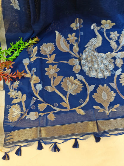 Pure Linen Saree with Antique Gold Floral & Peacock Zari Border - BLUE