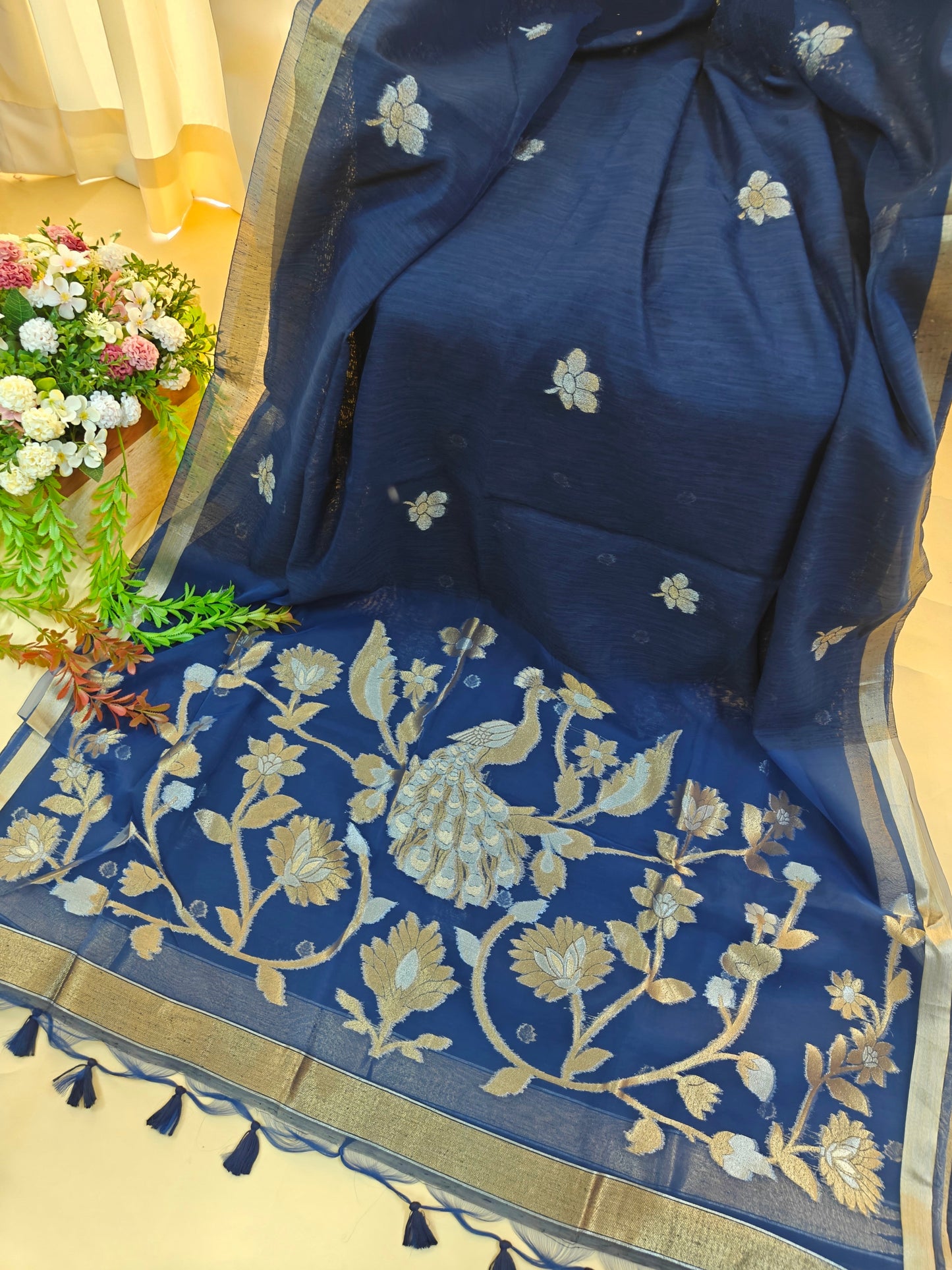 Pure Linen Saree with Antique Gold Floral & Peacock Zari Border - BLUE
