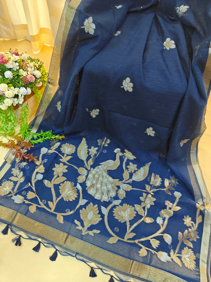 Pure Linen Saree with Antique Gold Floral & Peacock Zari Border - BLUE